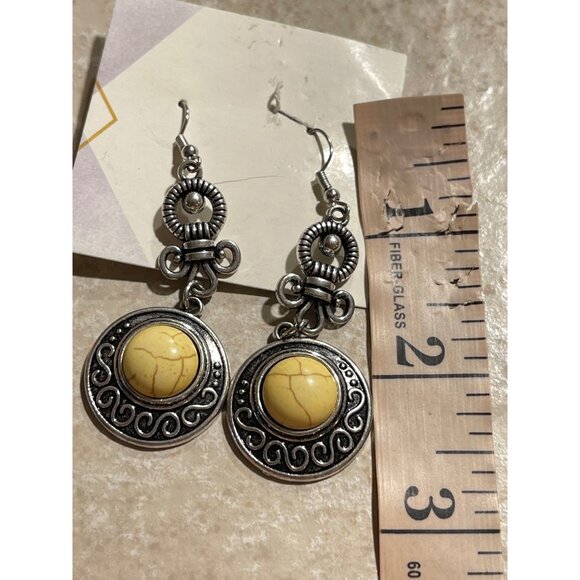 2~Boho Vintage-Style Dangle Earrings Yellow&Blue Stone Accents Silver-Tone Metal - Picture 3 of 9